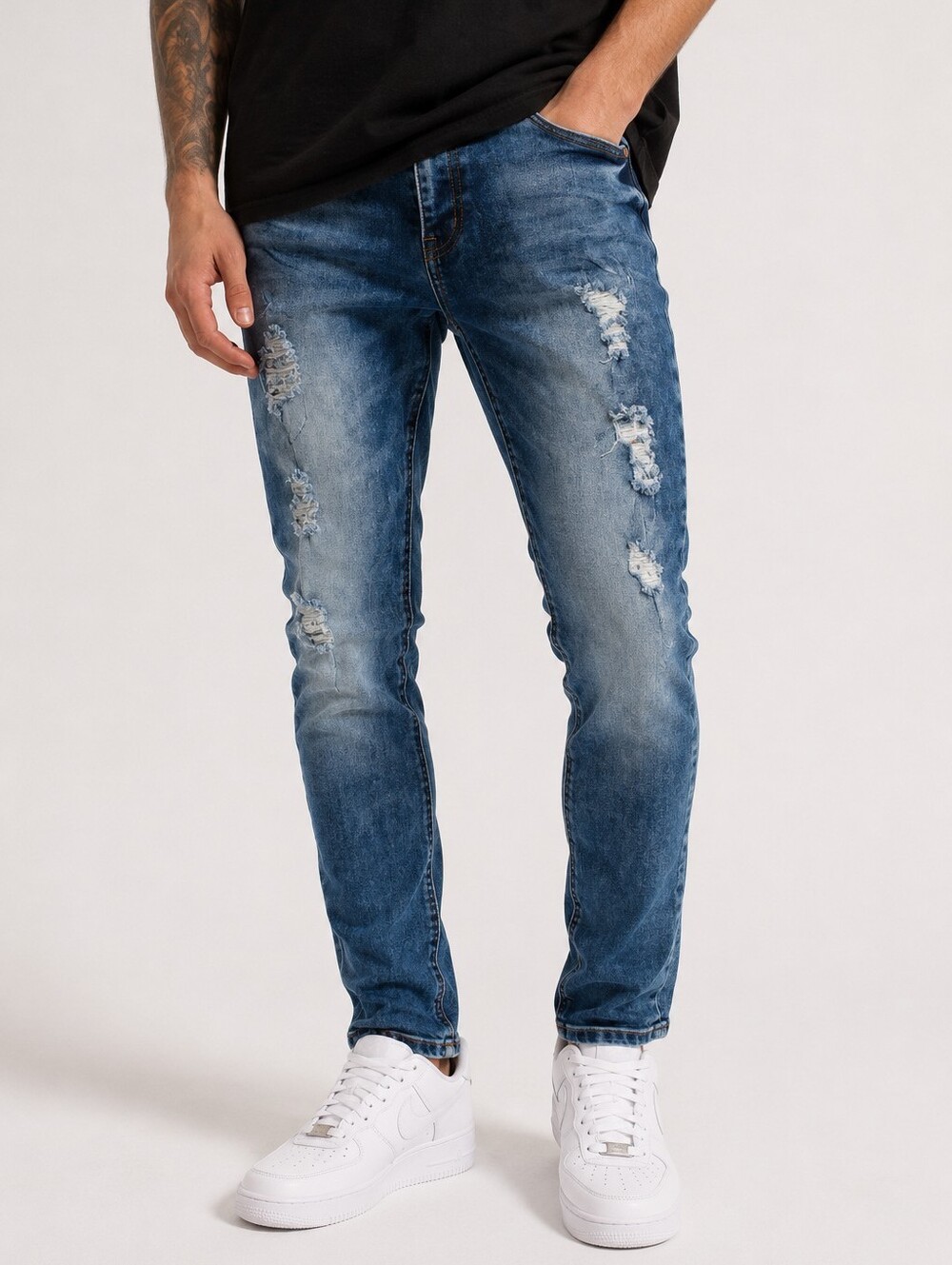 TR Tailored Recreation Blue Denim Tapered Leg Slim Distressed Mens Jeans Size 38